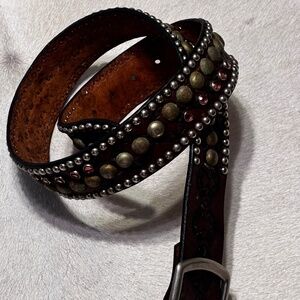 Leather Rock Studded Belt Brown with Pink Rhinestones Medium